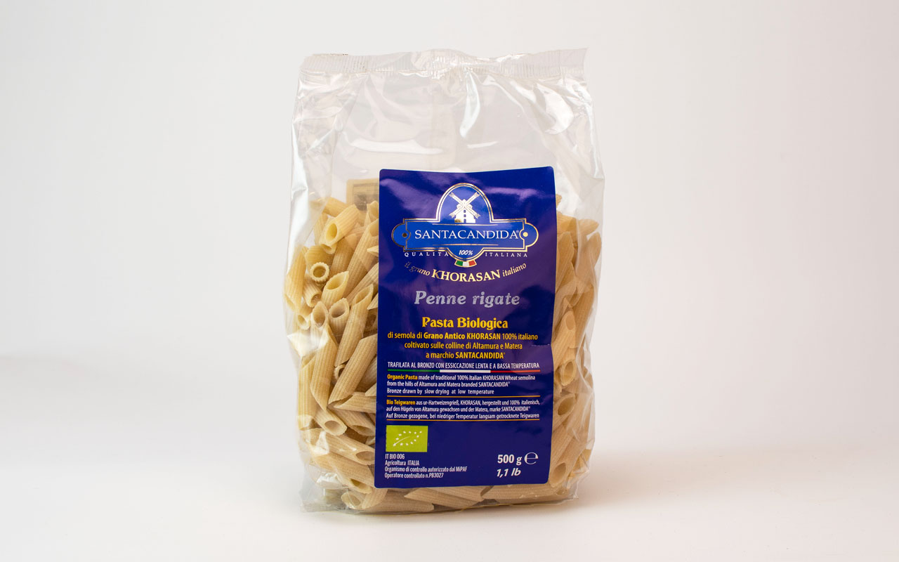 Pâtes artisanales penne rigate khorasan bio grain - SANTACANDIDA®, paquet de 500 gr