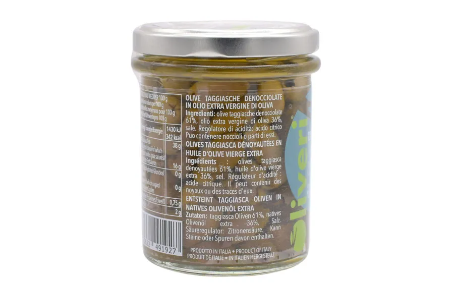 Olives Taggiasca dénoyautées dans l'huile EVO - Oliveri, paquet de 180 g.