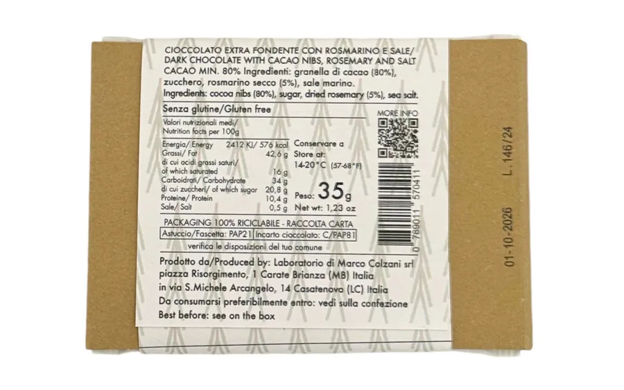 Chocolat salé au romarin de Montevecchia - Marco Colzani Bar 35 gr