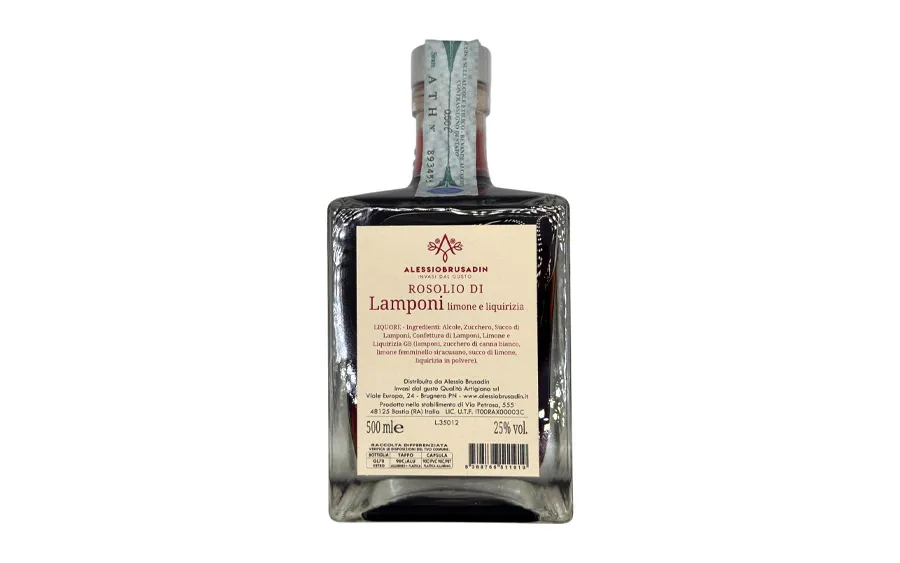 Rosolio artisanal aux framboises, citron et réglisse - Alessio Brusadin, bouteille 500 ml