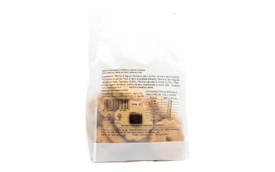 Biscuits sans gluten au gingembre et au citron bio - Monte Monaco, paquet de 240 g.