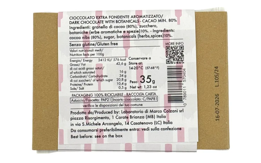 Barre de chocolat aux plantes - Marco Colzani Bar 35 gr