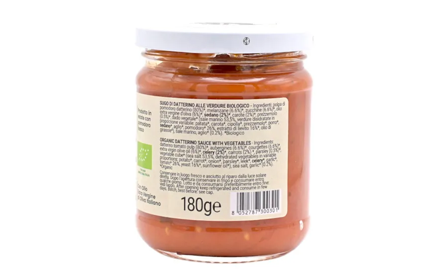 Sauce Tomate Datterino aux Légumes Bio - Orto d'Autore, paquet 180g.