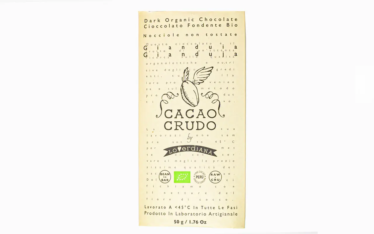 Tablette de chocolat cru Gianduia bio - Cacao brut, paquet de 50 grammes