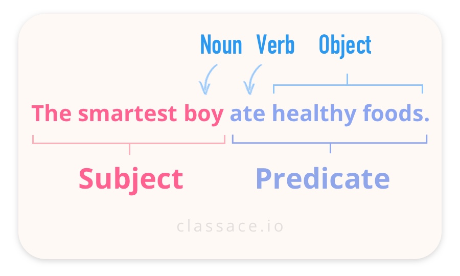 Subject Predicate Noun Verb Object Sentence Example: The smartest boy ate healthy foods.