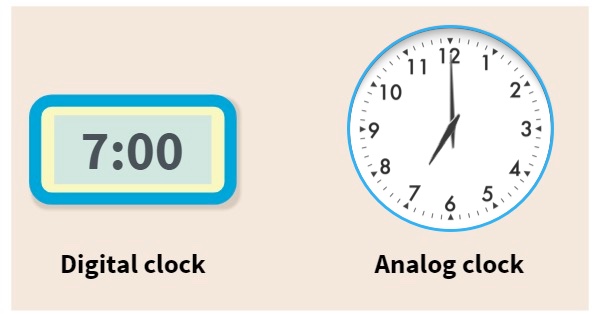 Digital and analog clocks showing 7:00