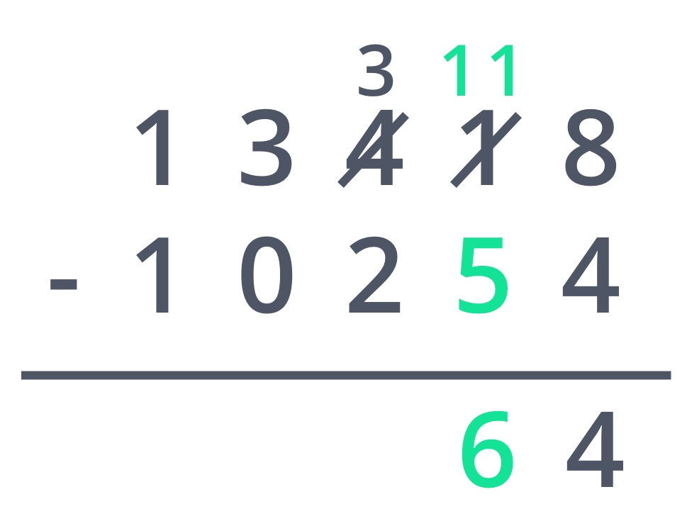 Subtracting in the Tens column after regrouping, five-digit subtraction