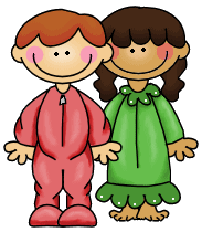 A boy and a girl in their pajamas.