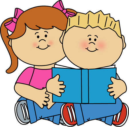 A boy and a girl reading a book together.