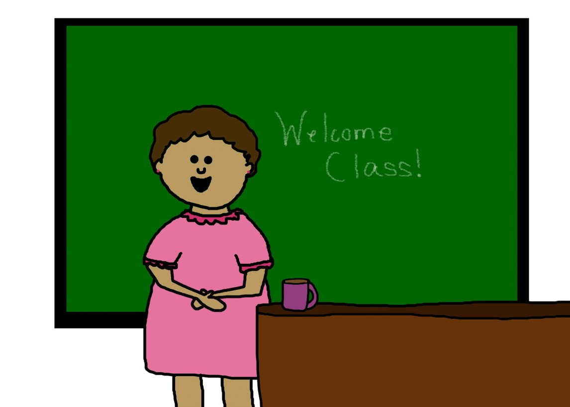A teacher standing in front of the chalkboard.