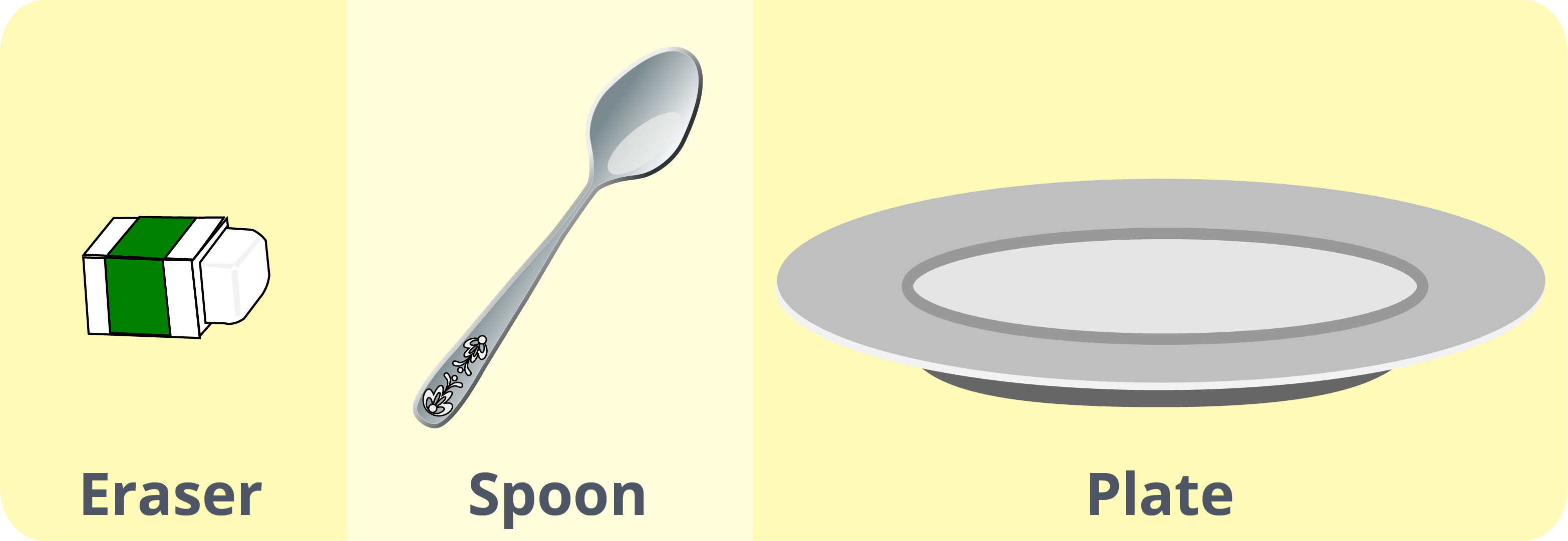 eraser, spoon, plate