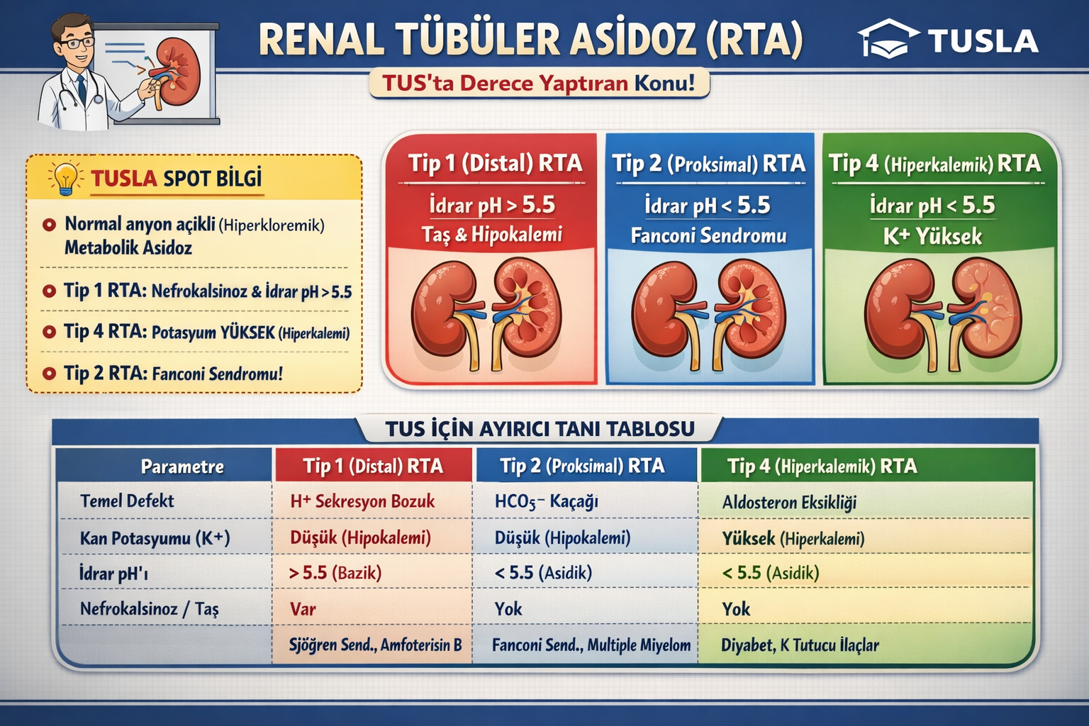 Renal Tübüler Asidoz (RTA) Tipleri: TUS'ta Derece Yaptıran Ayırıcı Tanılar
