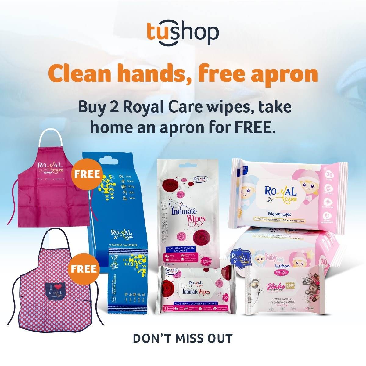 Royal Care Buy 2 x 1 Pack of 10 Pieces Make Up Remover - Biodegradable Wipes for Face & Eyes Get a FREE branded Apron