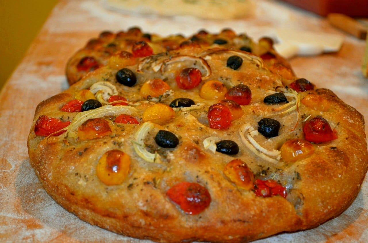 Focaccias with Cherry tomatoes, Olives, Onion and Herb toppings