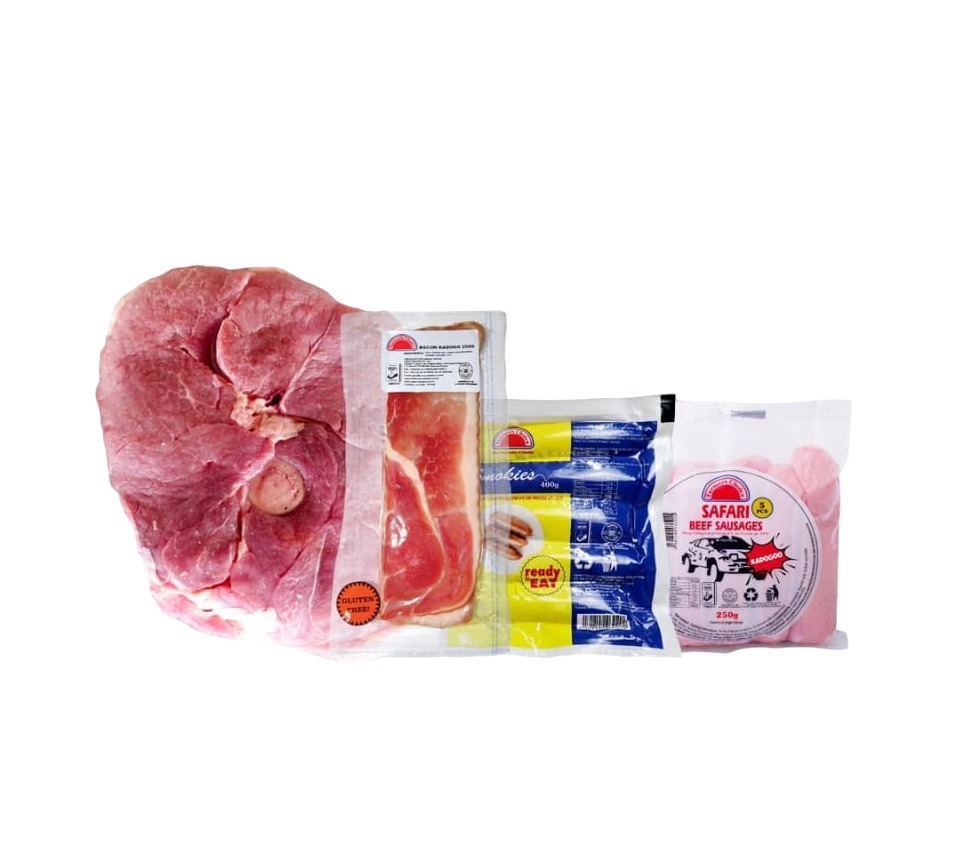 Farmer's Choice 1 piece each (500g Pork Leg Steak, 250g Bacon Kadogo, 400g Beef Smokies, 250g Beef Sausages) Brunch Combo!