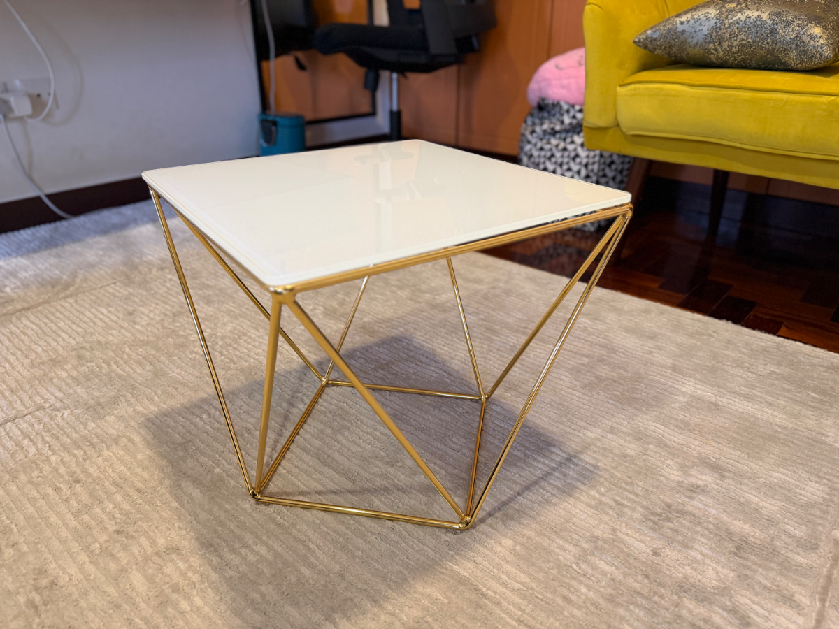 Modern Gold Geometric Side Table with White Glass Top 1
