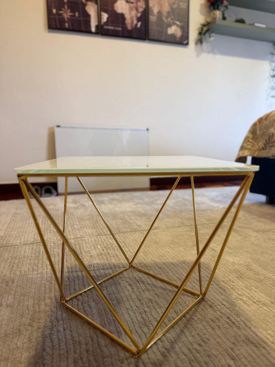 Modern Gold Geometric Side Table with White Glass Top 4