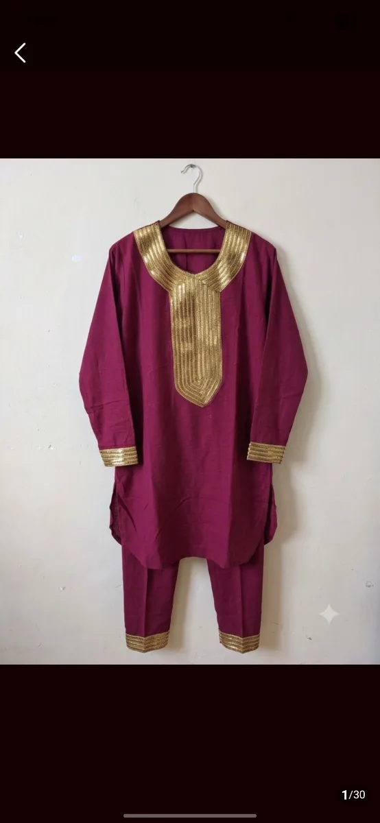Women's Fuchsia Pink  silk Tunic & Trouser Set – Hand Embroidered Gold Neckline & Cuffs 1