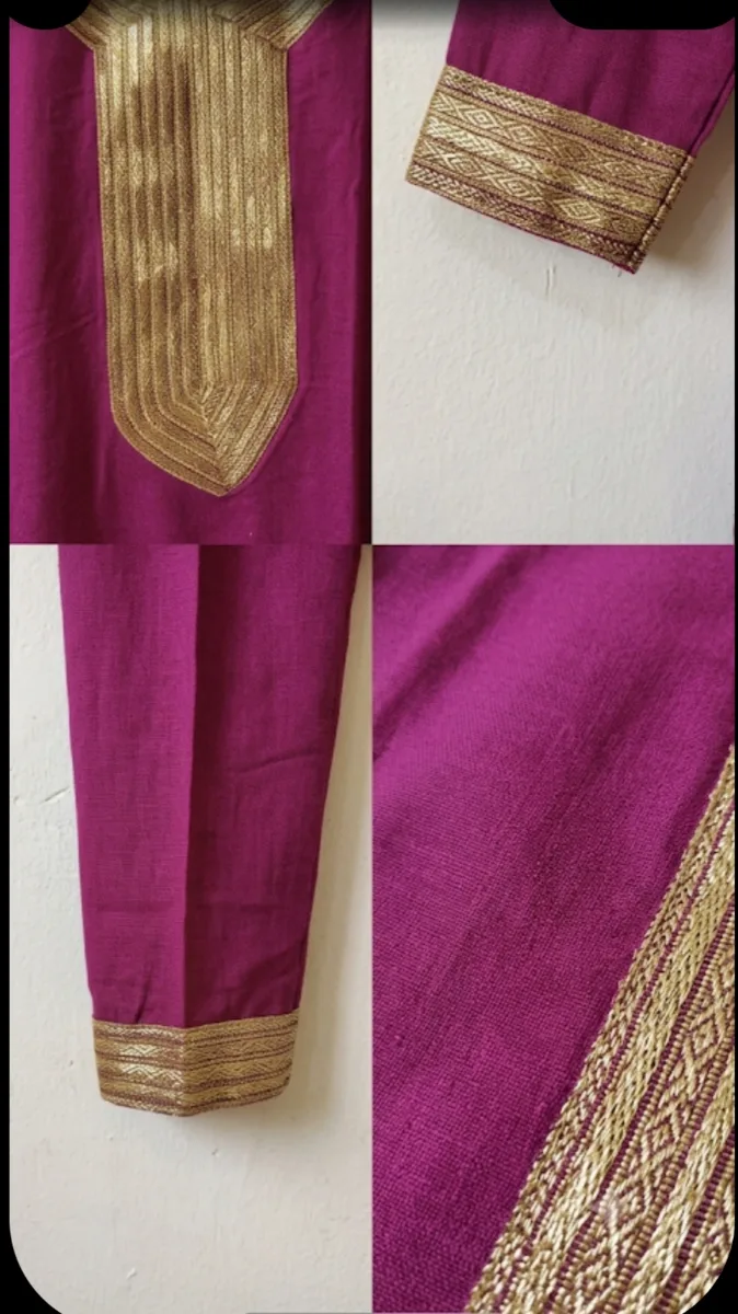 Women's Fuchsia Pink  silk Tunic & Trouser Set – Hand Embroidered Gold Neckline & Cuffs 2