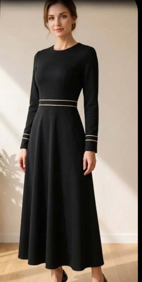 Elegant Black Long-Sleeve A-Line Dress with Gold Trim 1