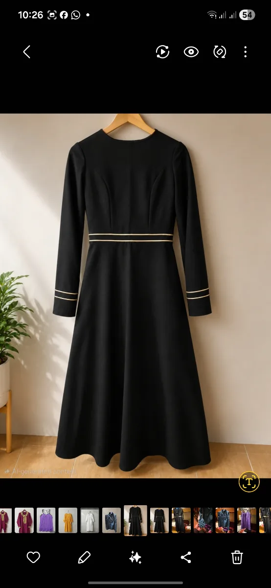 Elegant Black Long-Sleeve A-Line Dress with Gold Trim 2