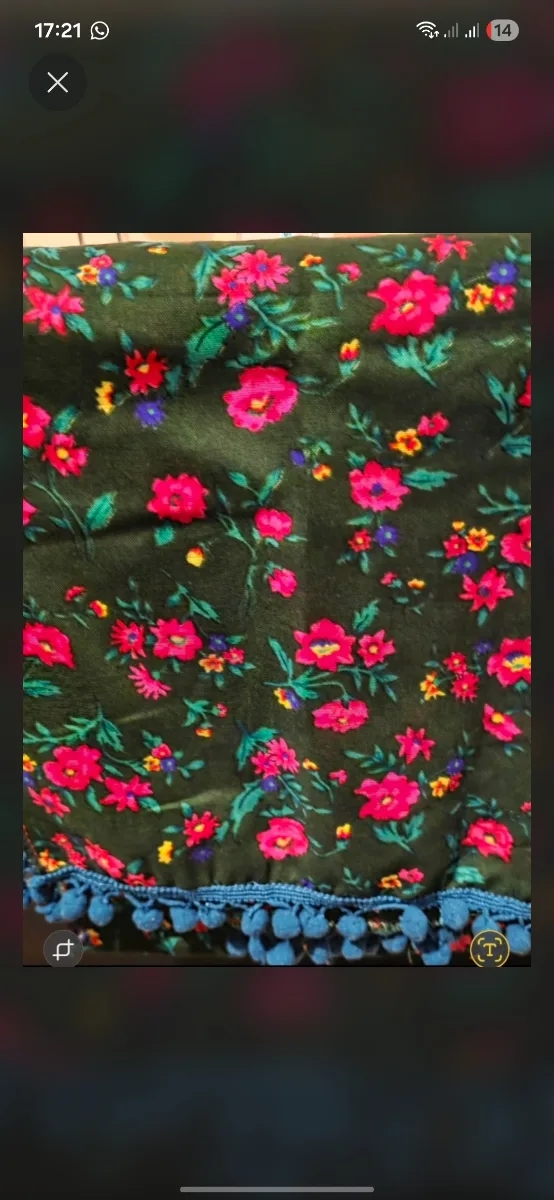Vibrant Floral Hijab with Teal Pompom Trim 1