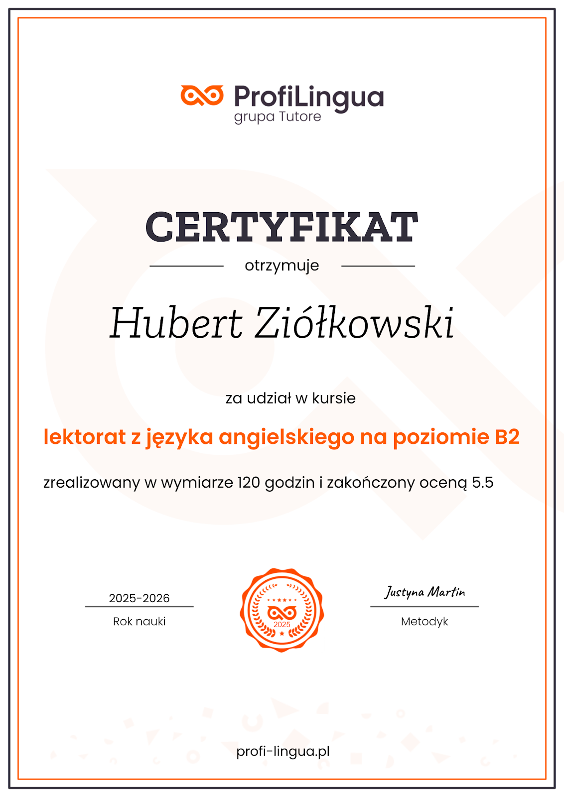 Hubert Ziółkowski — Certyfikat ProfiLingua (B2)