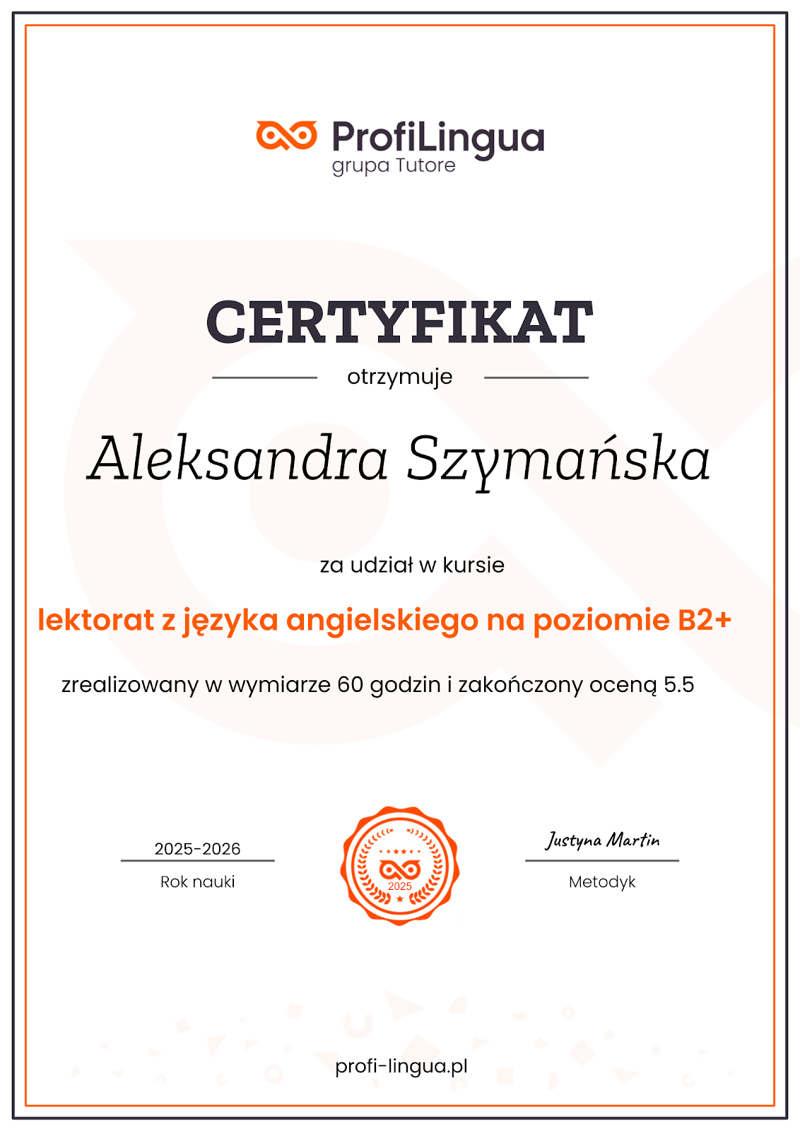 Aleksandra Szymańska — Certyfikat ProfiLingua (B2+)