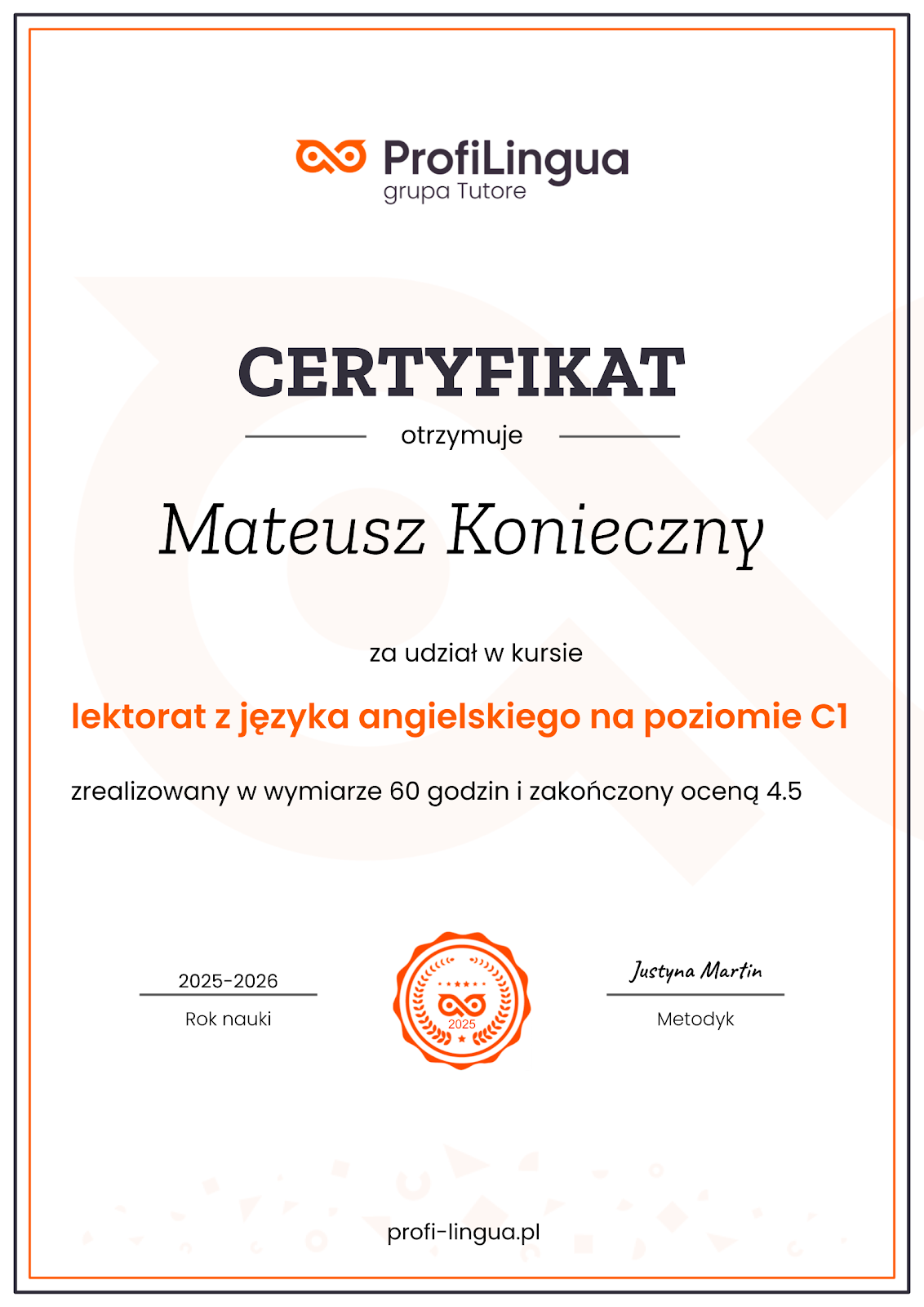 Mateusz Konieczny — Certyfikat ProfiLingua (C1)