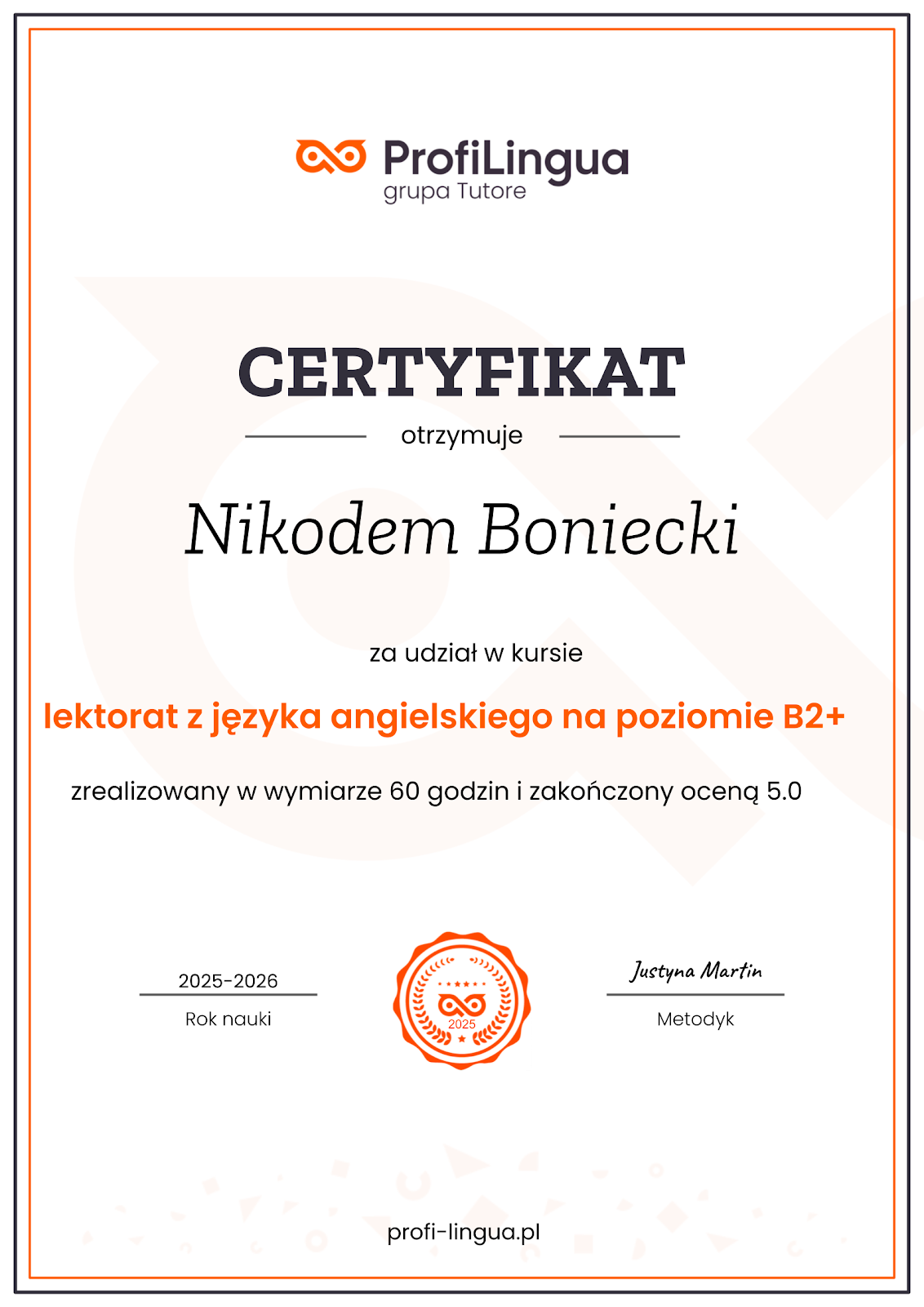 Nikodem Boniecki — Certyfikat ProfiLingua (B2+)