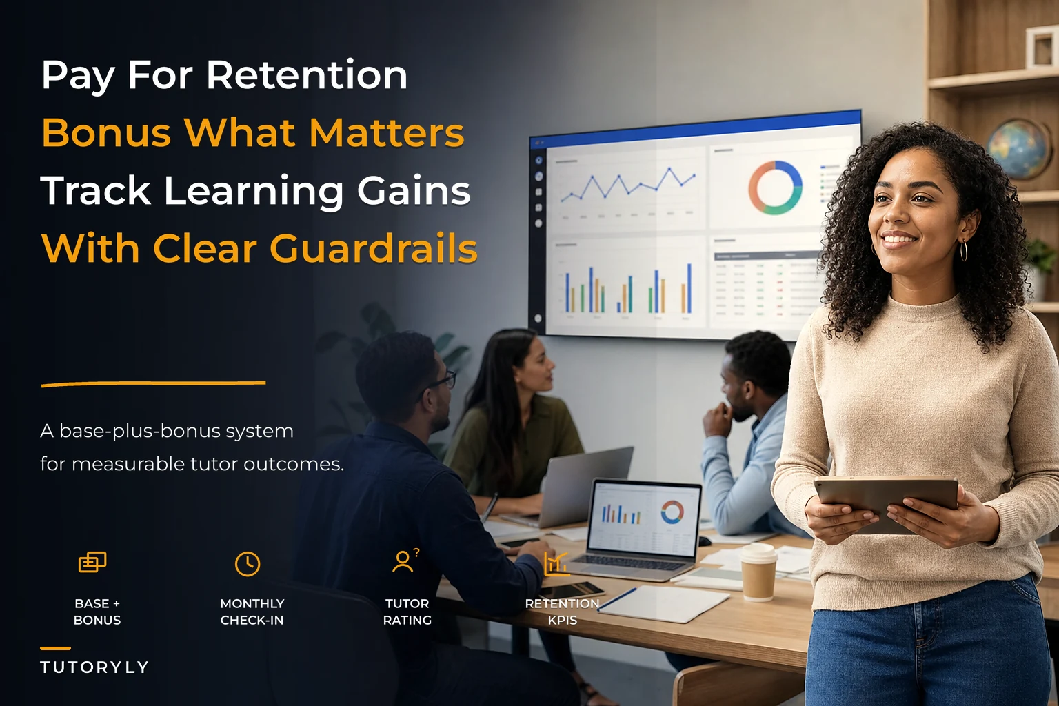 A tutor compensation system tied to retention and outcomes: base+bonus formulas, KPIs and guardrails