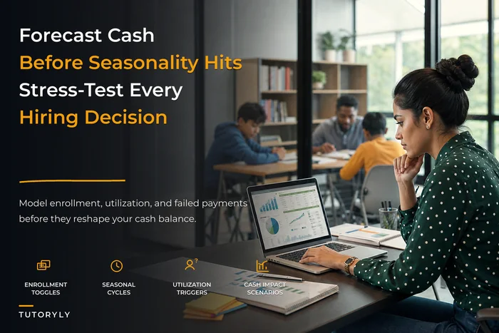 Build a tutoring center cashflow forecast: P&L scenarios, seasonal toggles and hire/marketing triggers