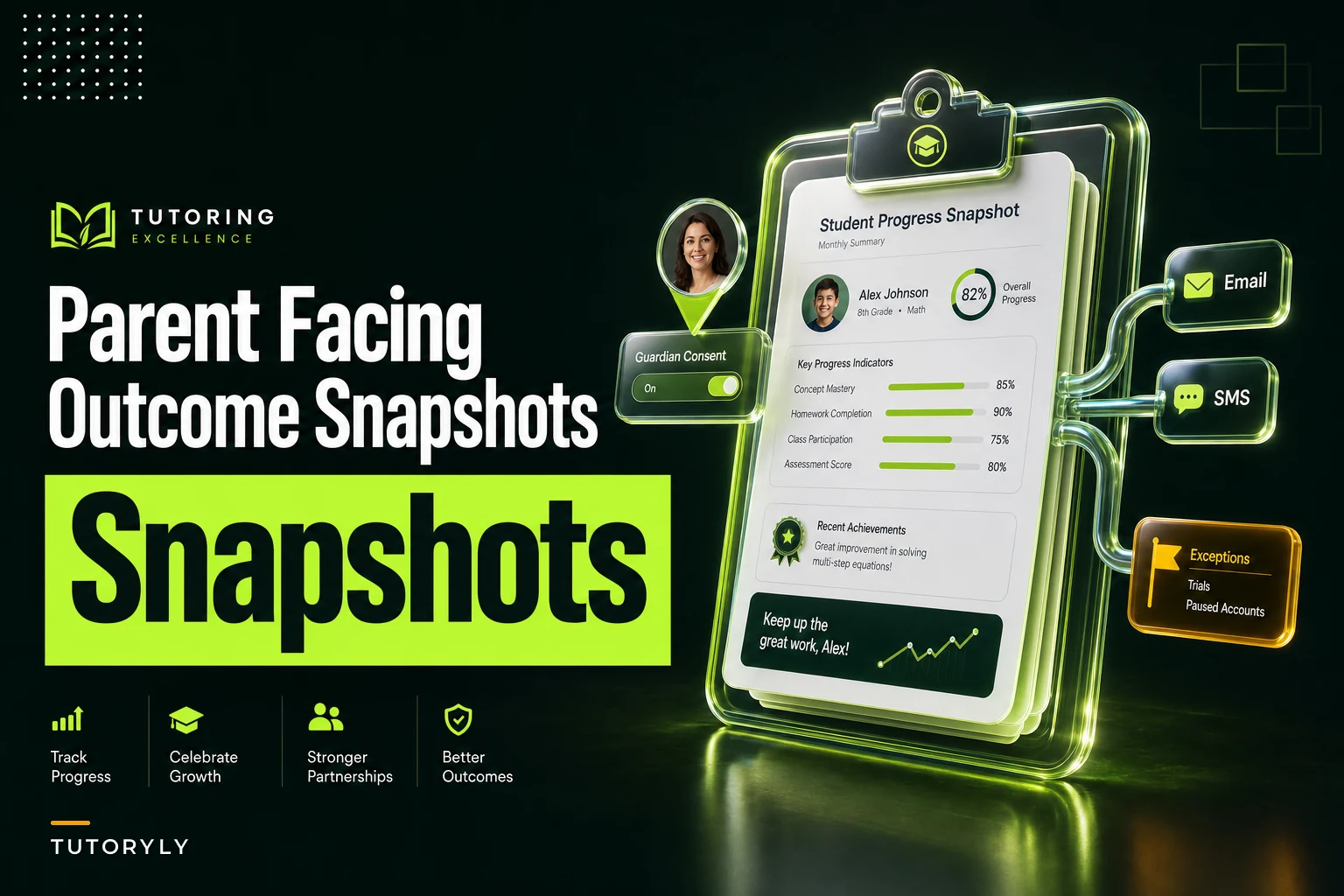 Parent-facing outcome snapshot templates with consent and distribution rules