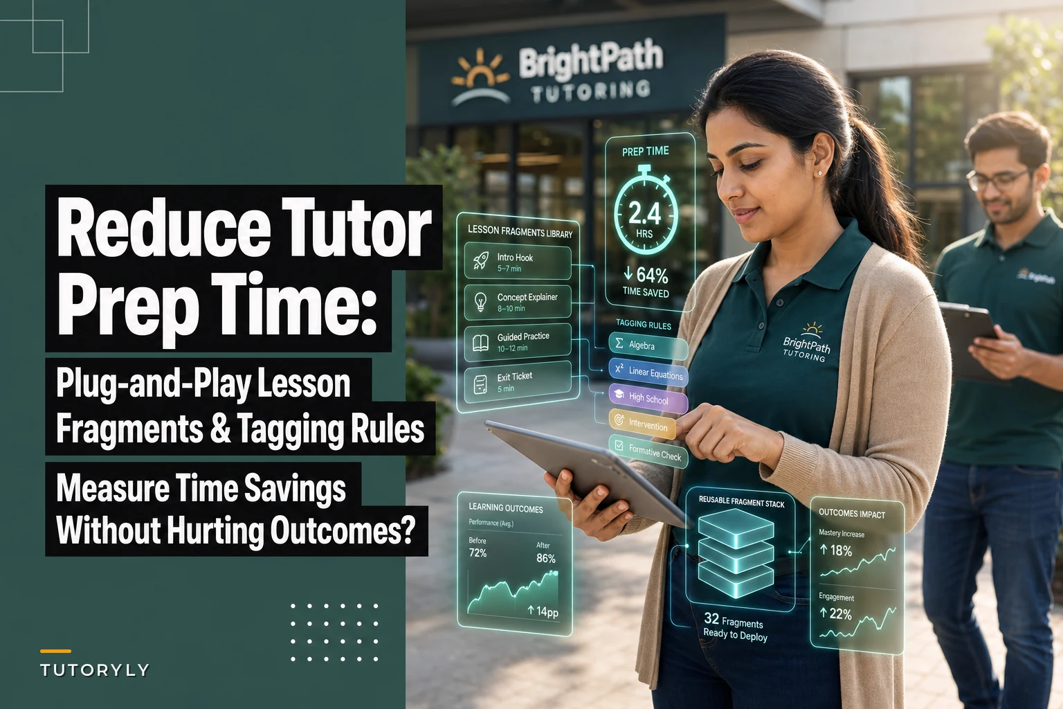 Reduce tutor prep time without hurting outcomes: plug-and-play lesson fragments, tagging rules and KPIs