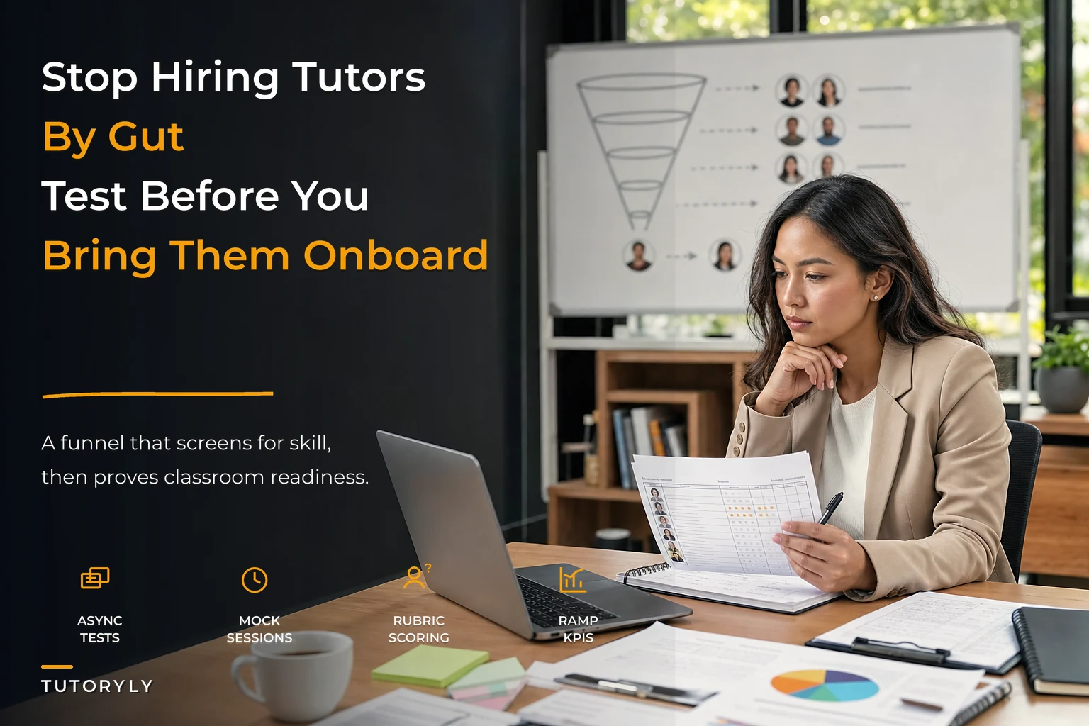 Stop hiring by gut: a tutor recruitment and onboarding funnel with tests, mock sessions and a 30/60/90 ramp plan