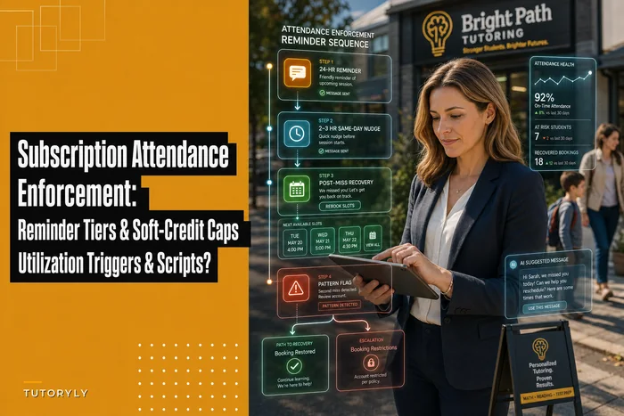 Subscription attendance enforcement for tutoring: reminder tiers, soft-credit caps and utilization triggers