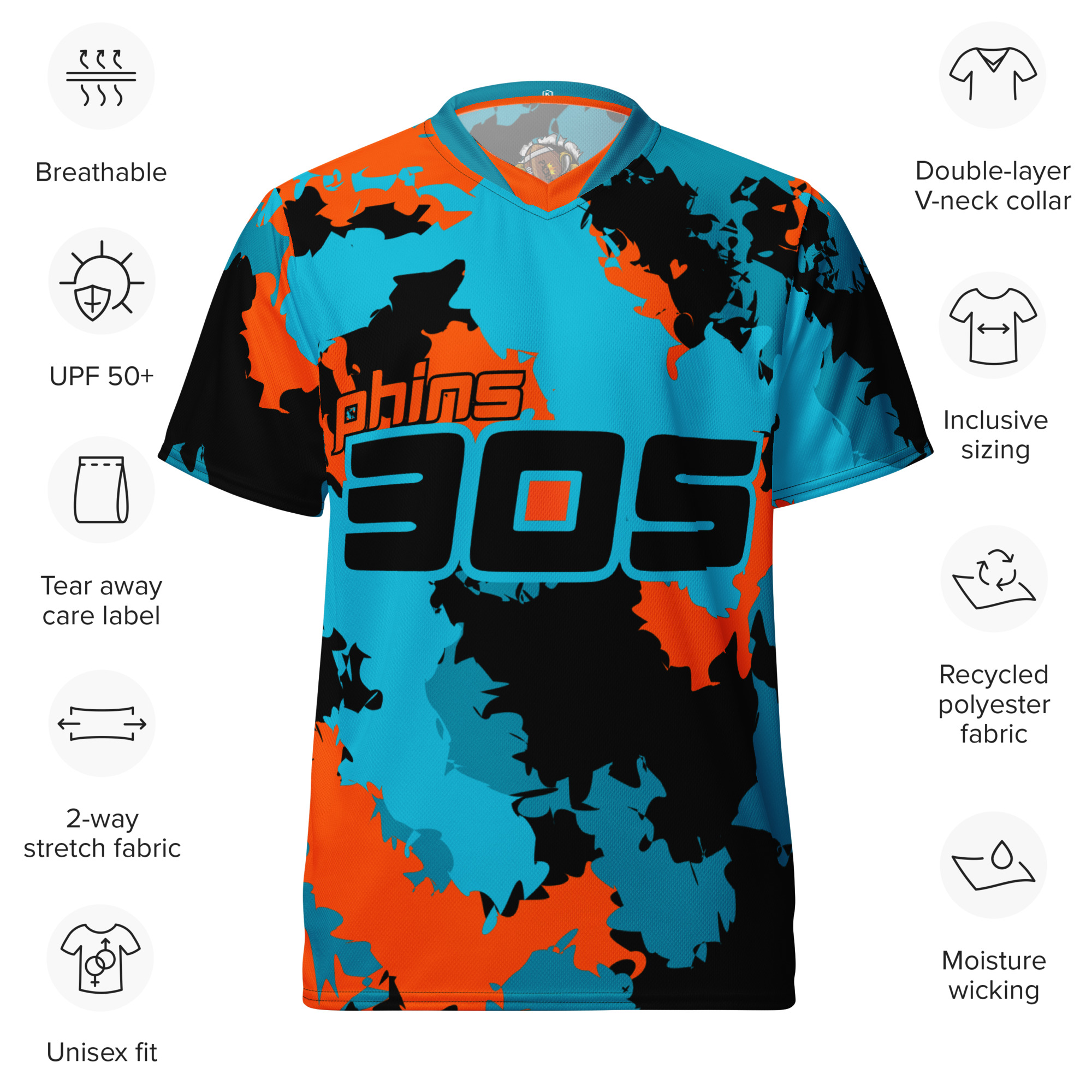 Phins 305 unisex sports jersey - Aqua/Orange/Black 2