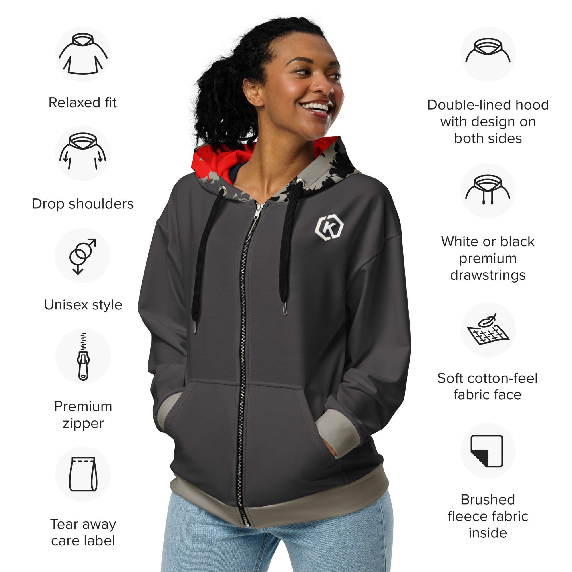 Kicxs Unisex Zip-Up Hoodie - Pewter/Tan 3