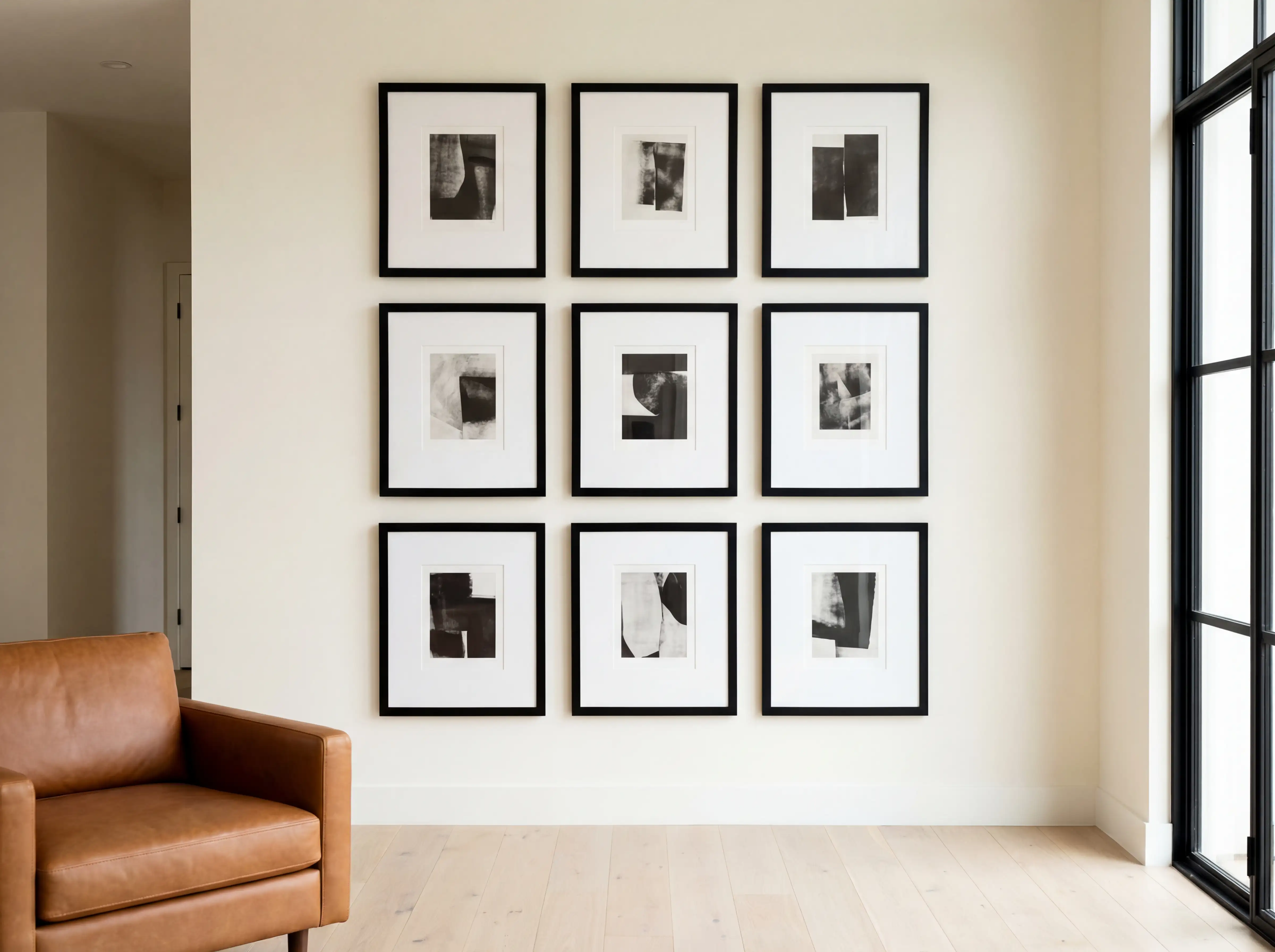 Precision gallery wall installation by TX Handyman in a luxury Austin home, featuring laser-leveled black frames on a white wall.