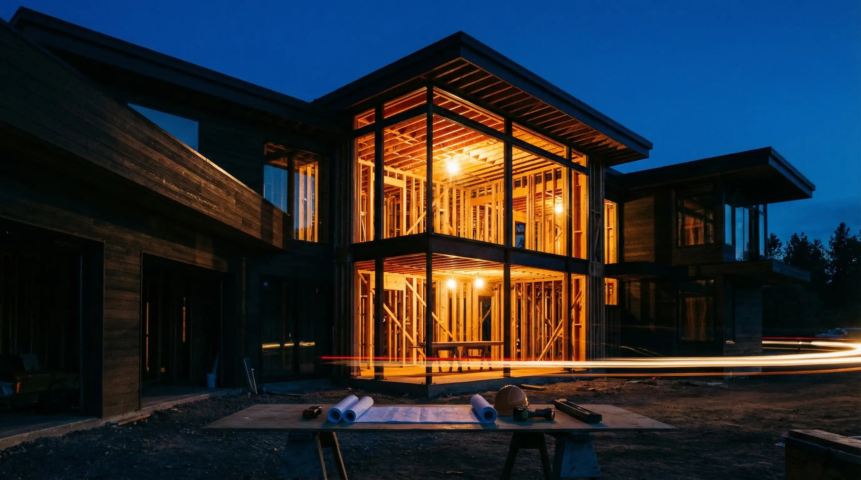 Luxury custom home in Austin under construction at twilight, featuring illuminated framing and architectural blueprints.