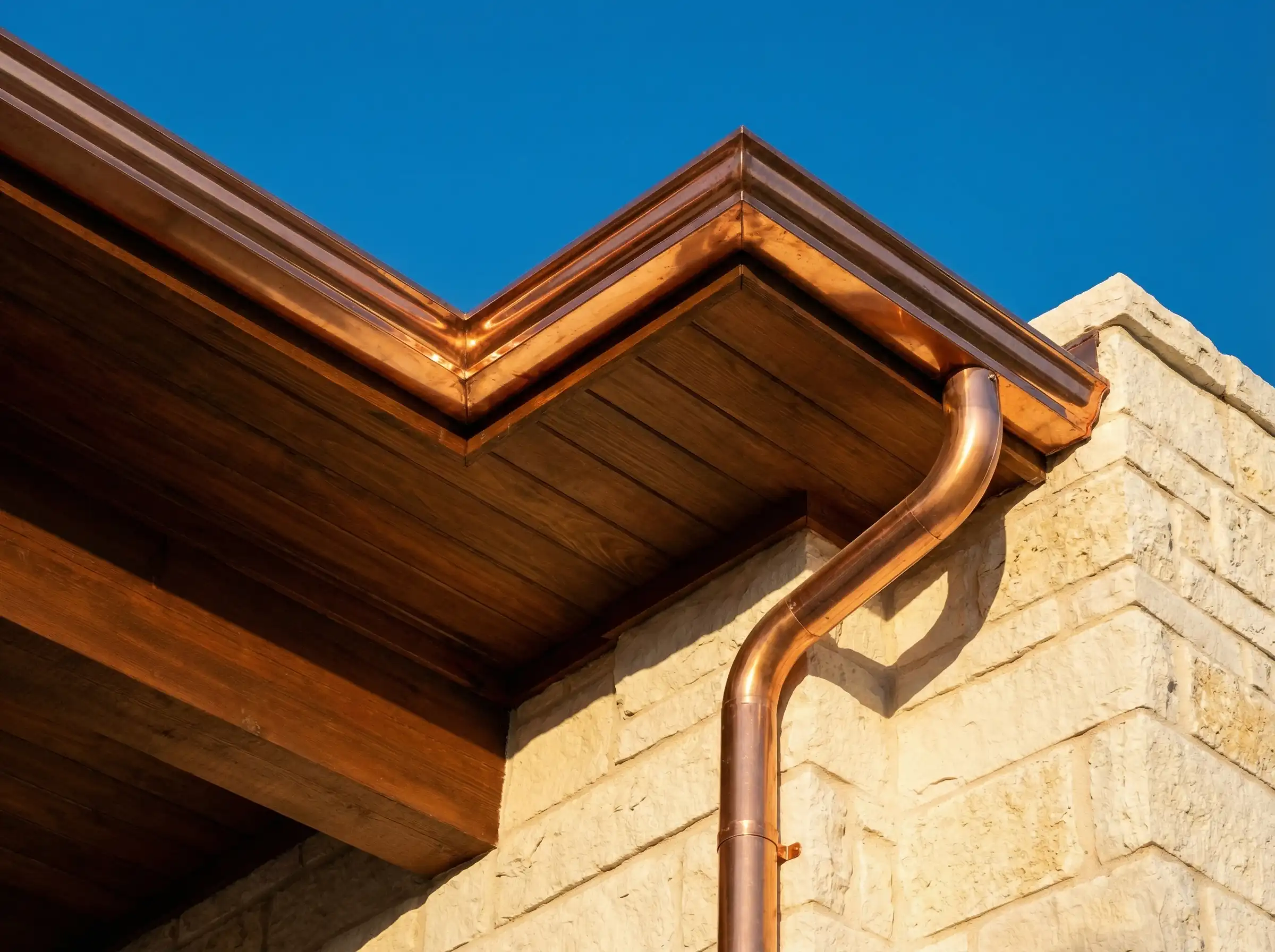 Exterior maintenance of a luxury Austin home featuring pristine copper gutters and Texas limestone masonry.
