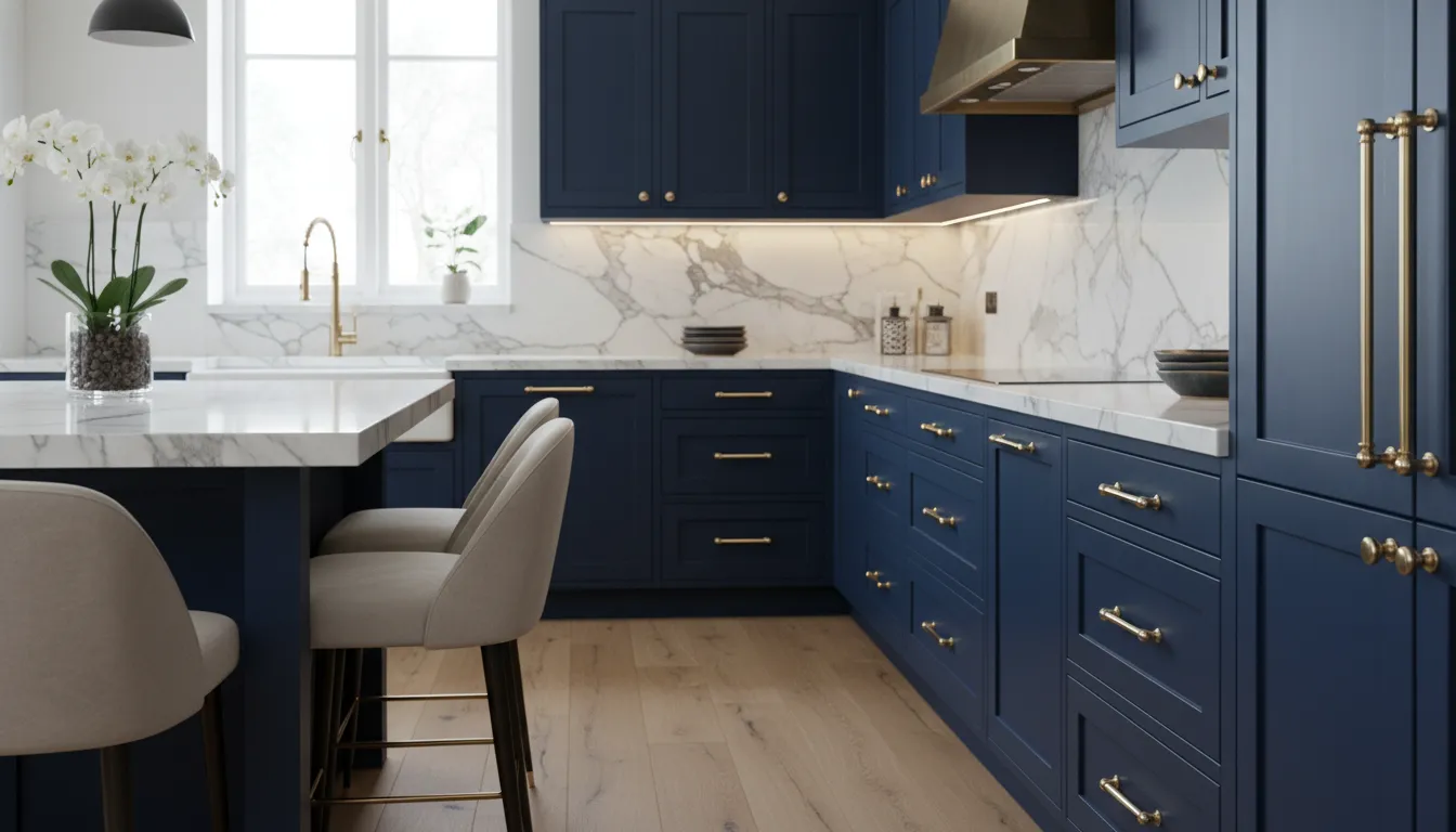 Elegant solid brass cabinet hardware installed on luxury kitchen drawers in a West Lake Hills home.