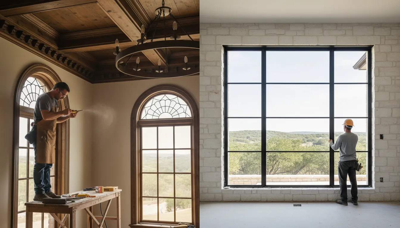 A detailed comparison of historic wood molding restoration and modern window replacement in a Texas Hill Country estate.