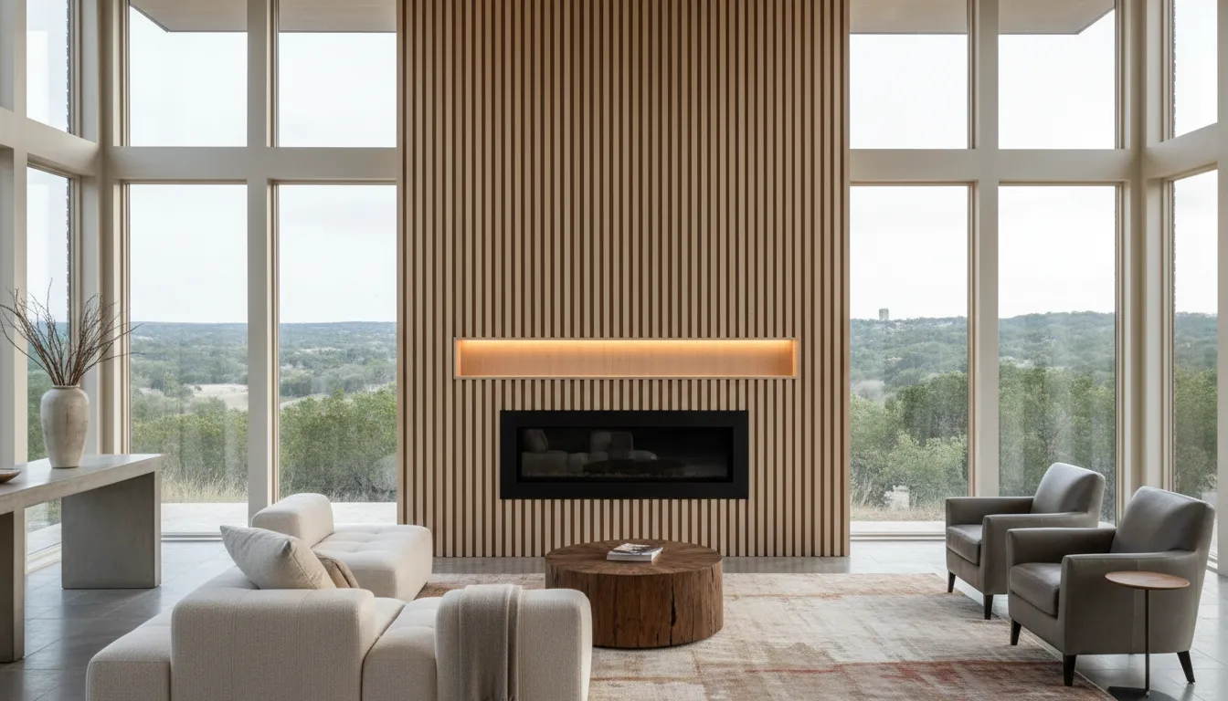 A custom architectural vertical slat wall made of solid white oak in a luxury Texas Hill Country residence.