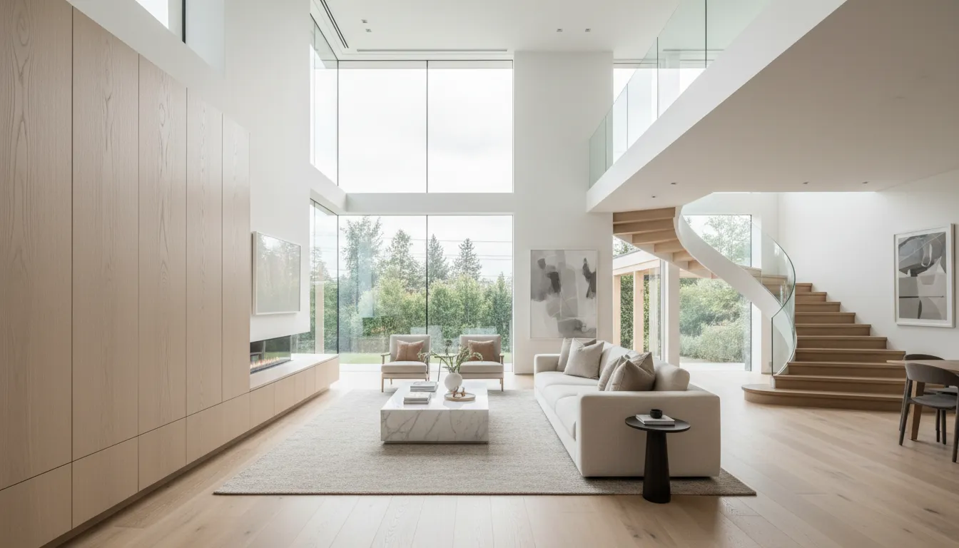 Detailed view of high-end White Oak wood grain and finishing in a custom luxury home in West Lake Hills.