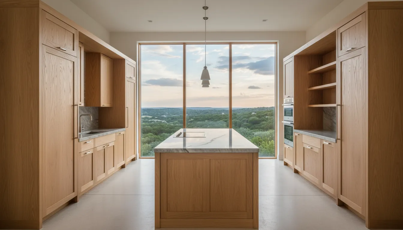 Luxury solid wood and moisture-resistant kitchen cabinets in a West Lake Hills home designed for Texas humidity.