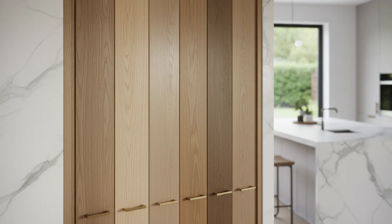 A close-up comparison of five durable white oak cabinet finishes installed in a custom Dripping Springs kitchen.