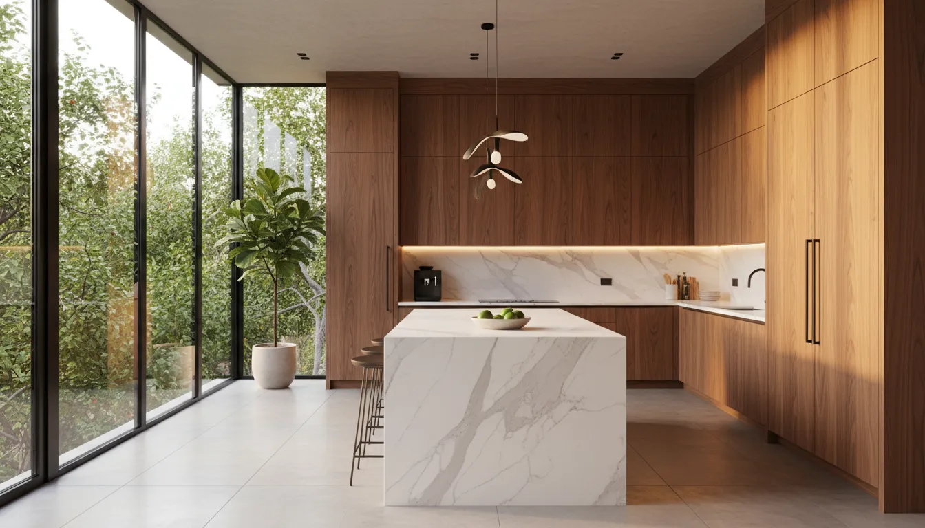 Luxury custom wood kitchen cabinets and modern island in a high-end home in West Lake Hills.