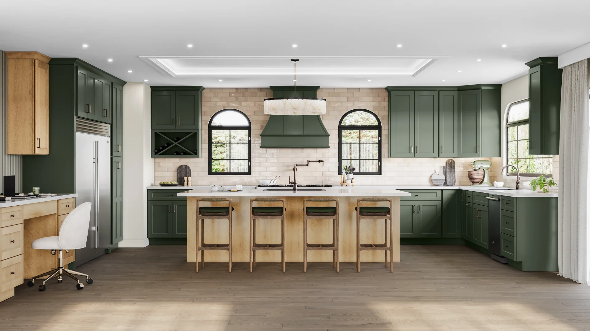 A stunning kitchen remodel in West Lake Hills featuring forest green shaker cabinets, a light wood center island with seating, and arched windows, meticulously planned via 3D CAD design for a fast turnaround.