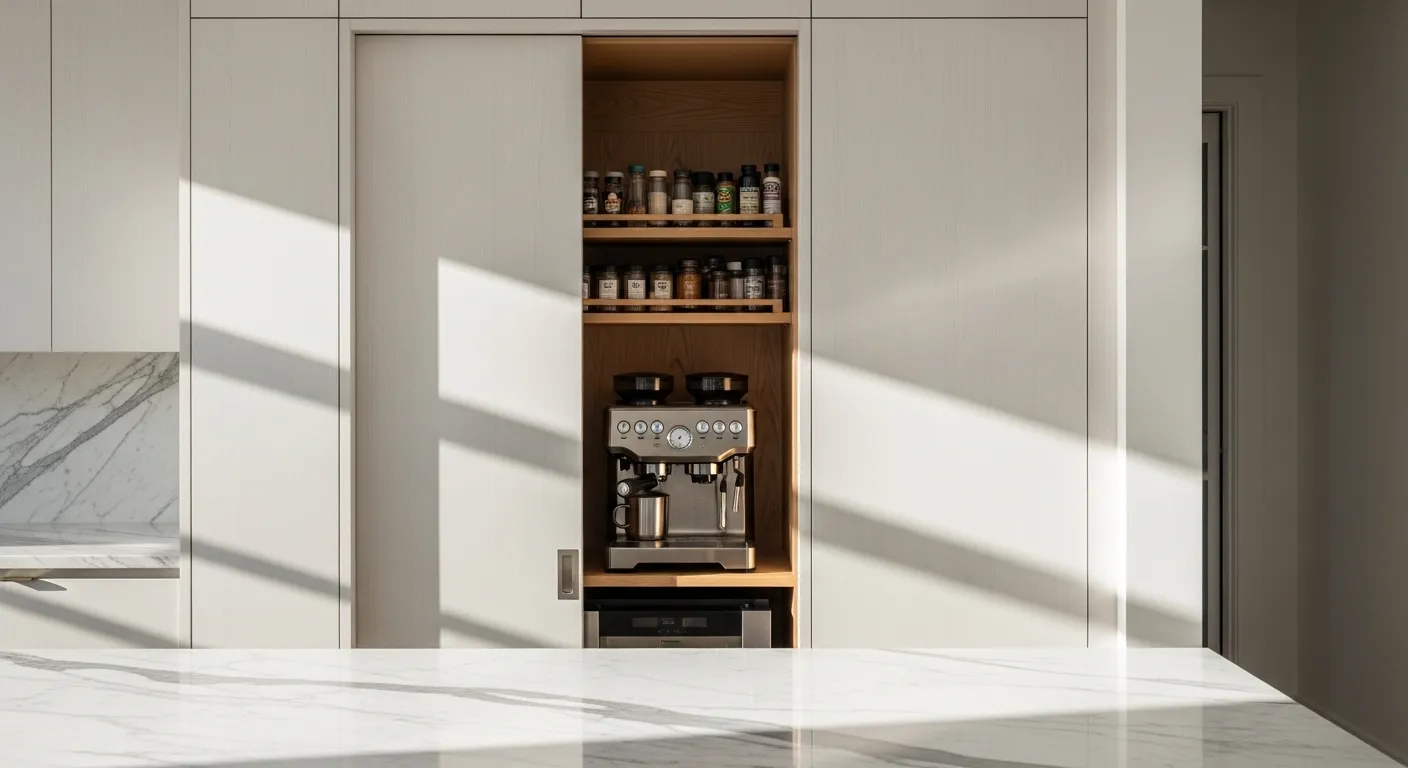 Sleek custom kitchen cabinetry with a hidden appliance garage and integrated storage solutions in a luxury home in West Lake Hills.